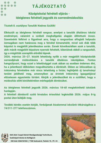 Ideiglenes felvételi sorrend 2026/2027-es tanév